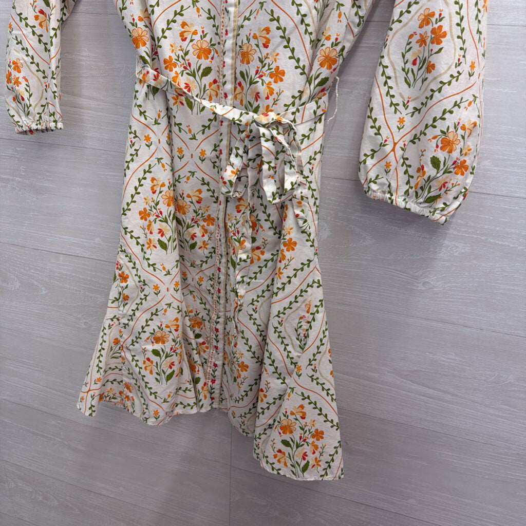 MSK White/ Orange Print Long Sleeve Tie Waist Button Down Dress Small