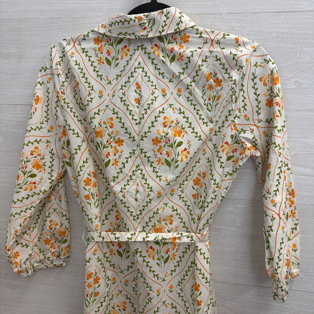 MSK White/ Orange Print Long Sleeve Tie Waist Button Down Dress Small