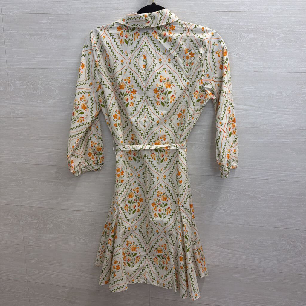 MSK White/ Orange Print Long Sleeve Tie Waist Button Down Dress Small