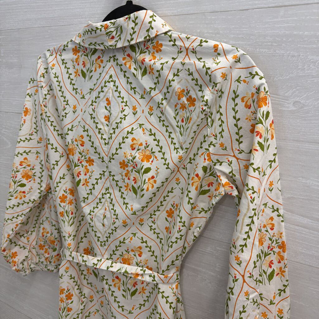 MSK White/ Orange Print Long Sleeve Tie Waist Button Down Dress Small