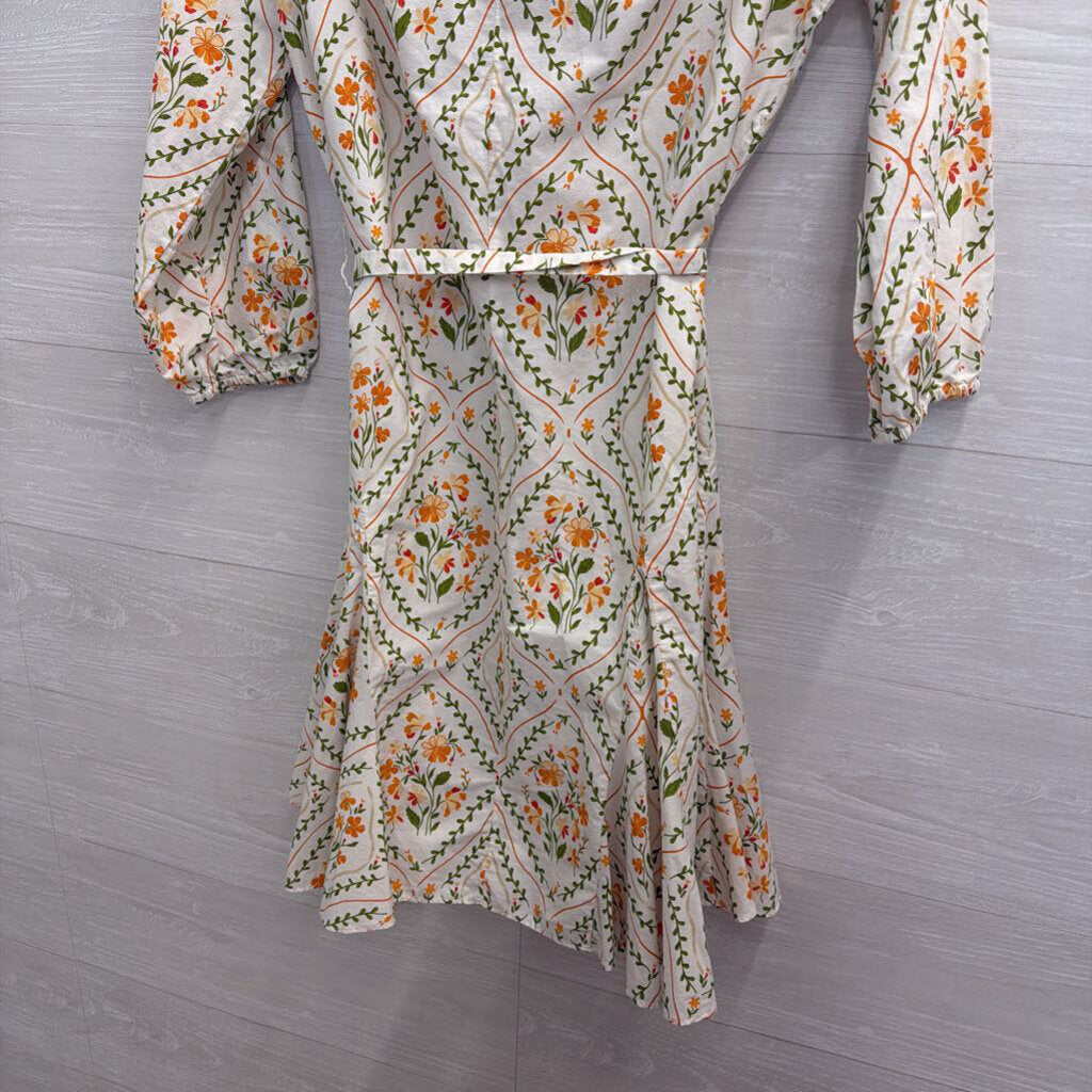 MSK White/ Orange Print Long Sleeve Tie Waist Button Down Dress Small