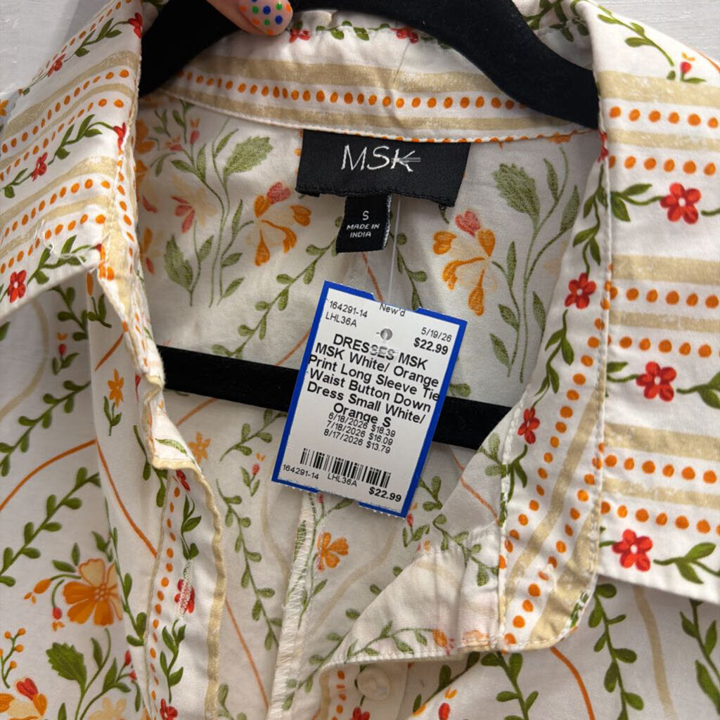 MSK White/ Orange Print Long Sleeve Tie Waist Button Down Dress Small