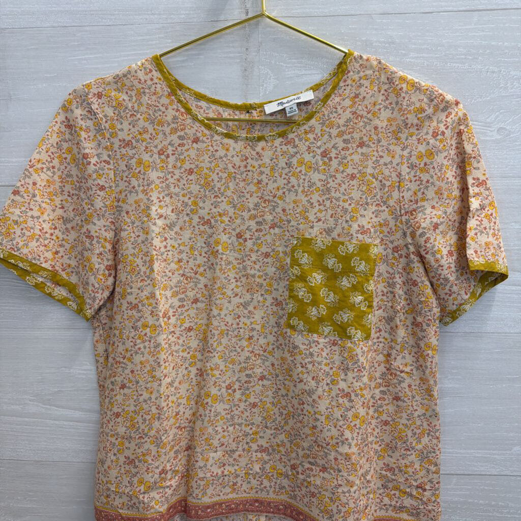 Madewell Yellow Floral Print Short Sleeve Button Back Top Extra Small