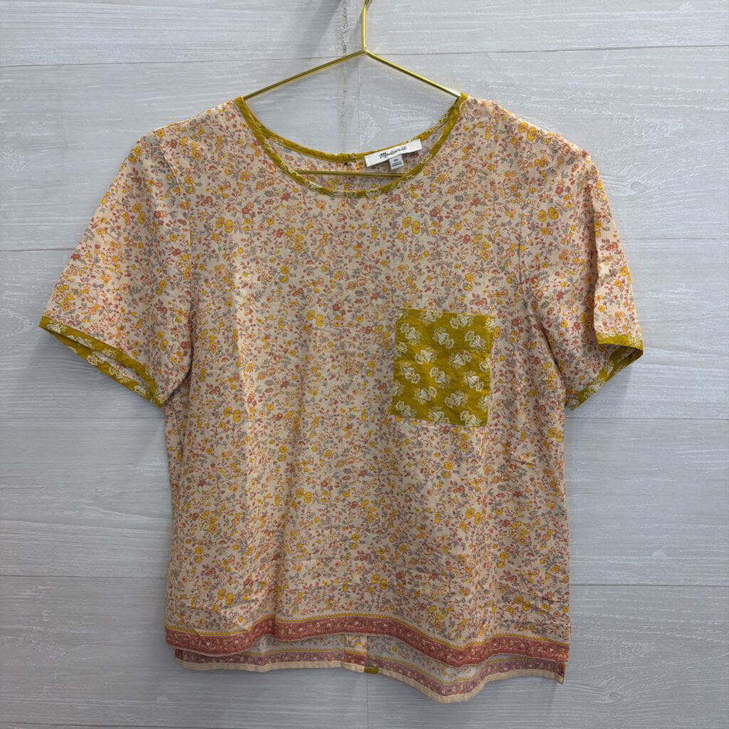 Madewell Yellow Floral Print Short Sleeve Button Back Top Extra Small