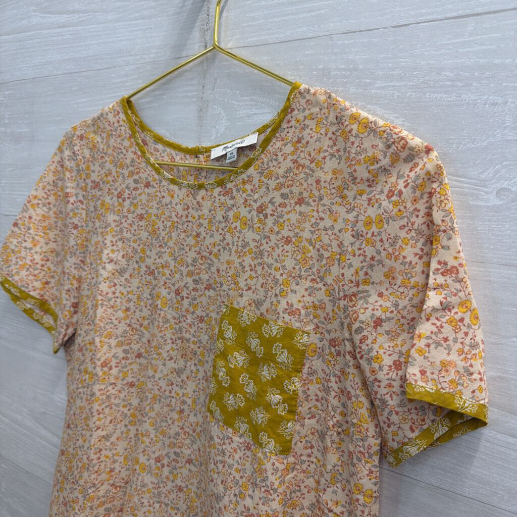 Madewell Yellow Floral Print Short Sleeve Button Back Top Extra Small