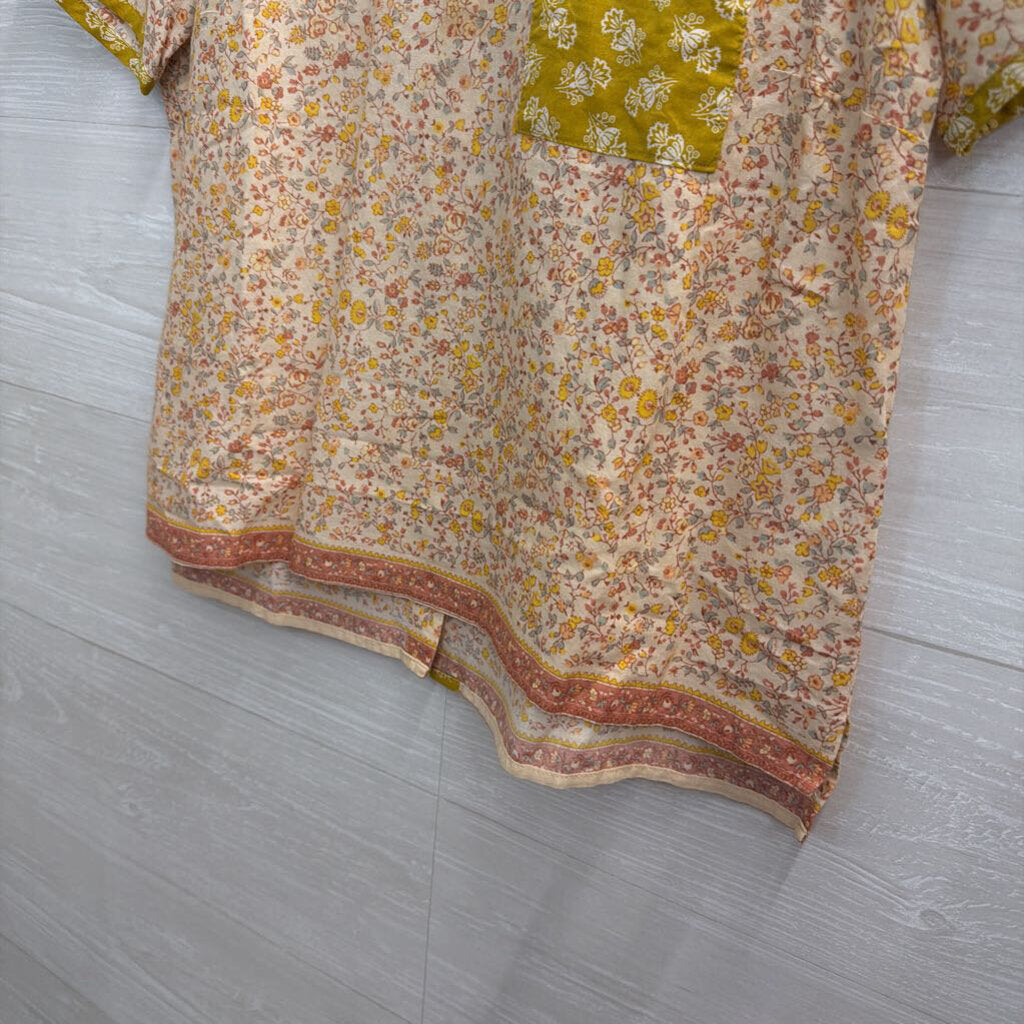 Madewell Yellow Floral Print Short Sleeve Button Back Top Extra Small