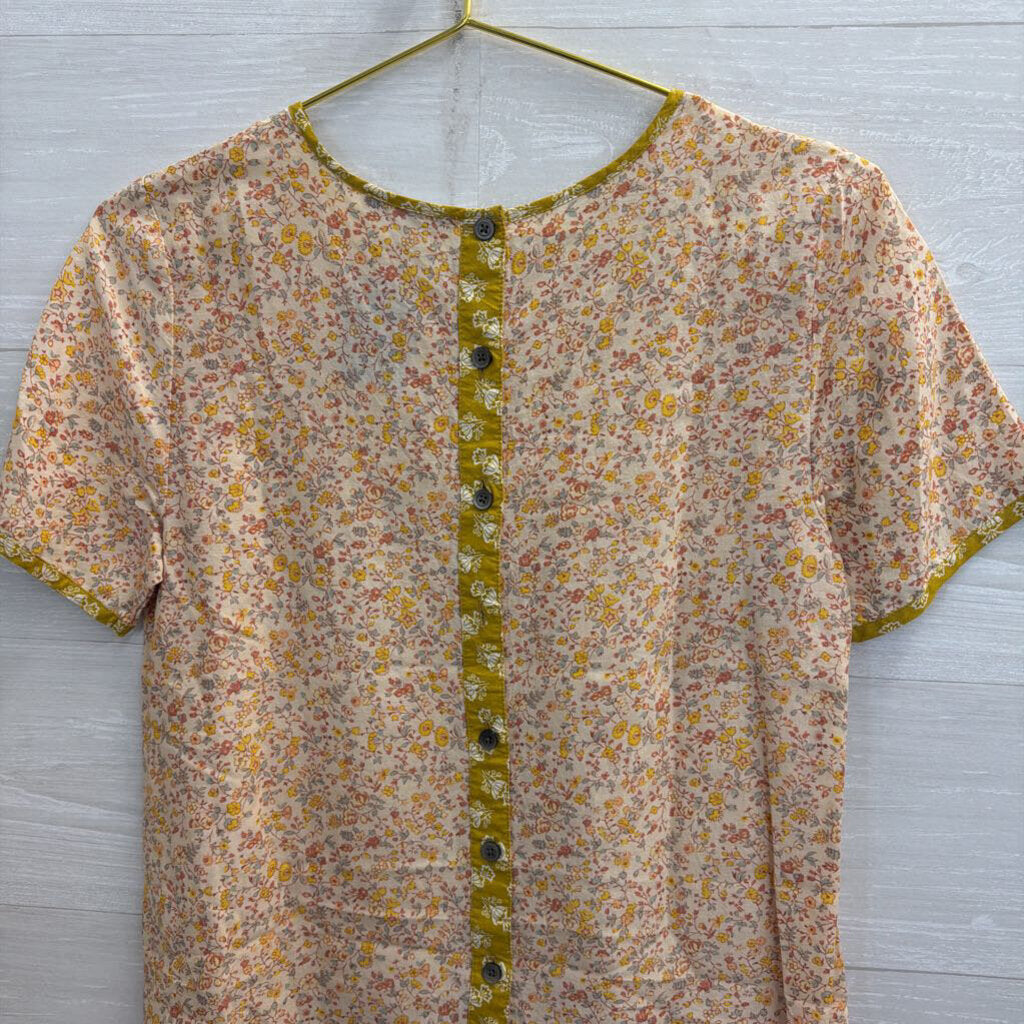 Madewell Yellow Floral Print Short Sleeve Button Back Top Extra Small