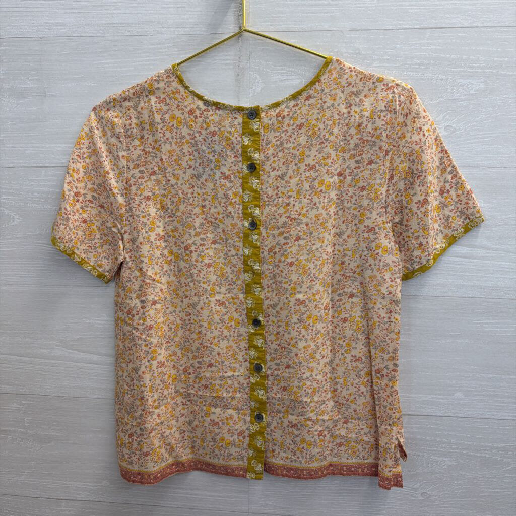 Madewell Yellow Floral Print Short Sleeve Button Back Top Extra Small