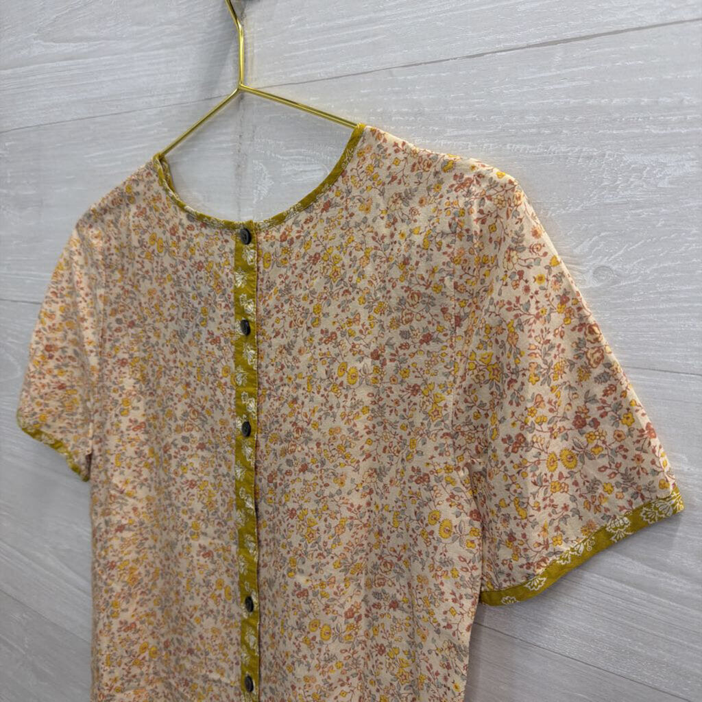 Madewell Yellow Floral Print Short Sleeve Button Back Top Extra Small