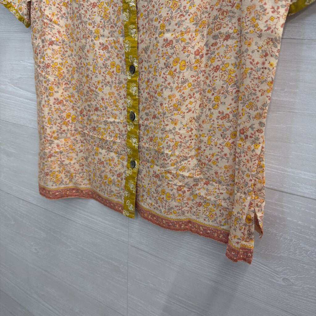 Madewell Yellow Floral Print Short Sleeve Button Back Top Extra Small