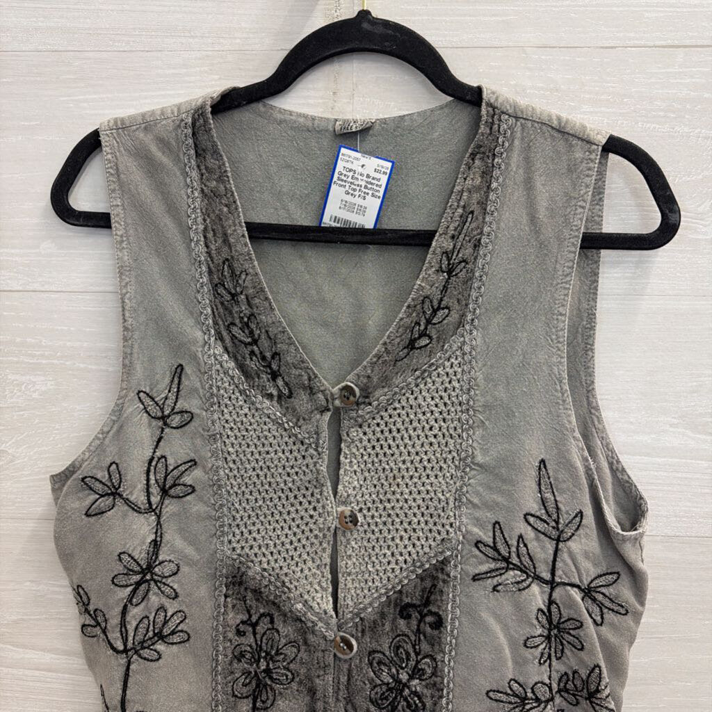 Grey Embroidered Sleeveless Button Front Top Free Size