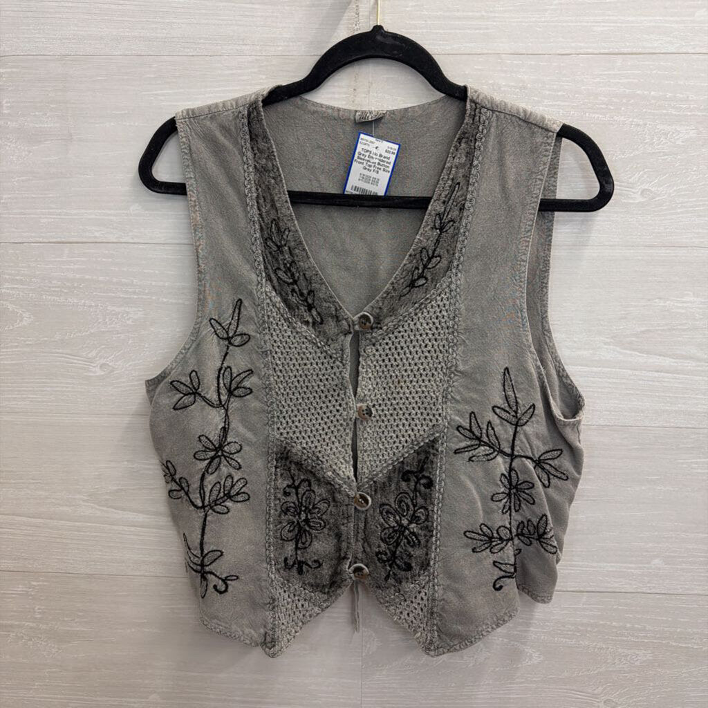Grey Embroidered Sleeveless Button Front Top Free Size