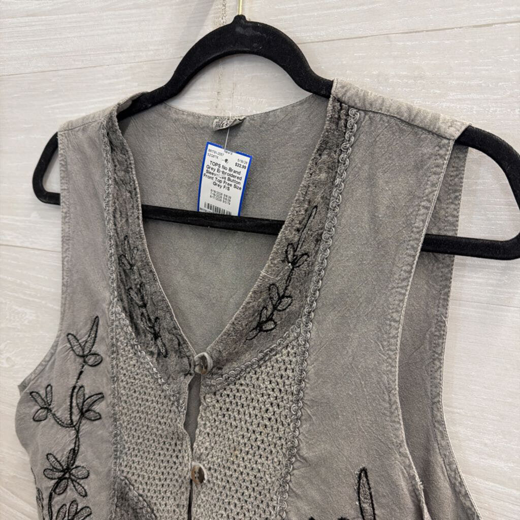 Grey Embroidered Sleeveless Button Front Top Free Size