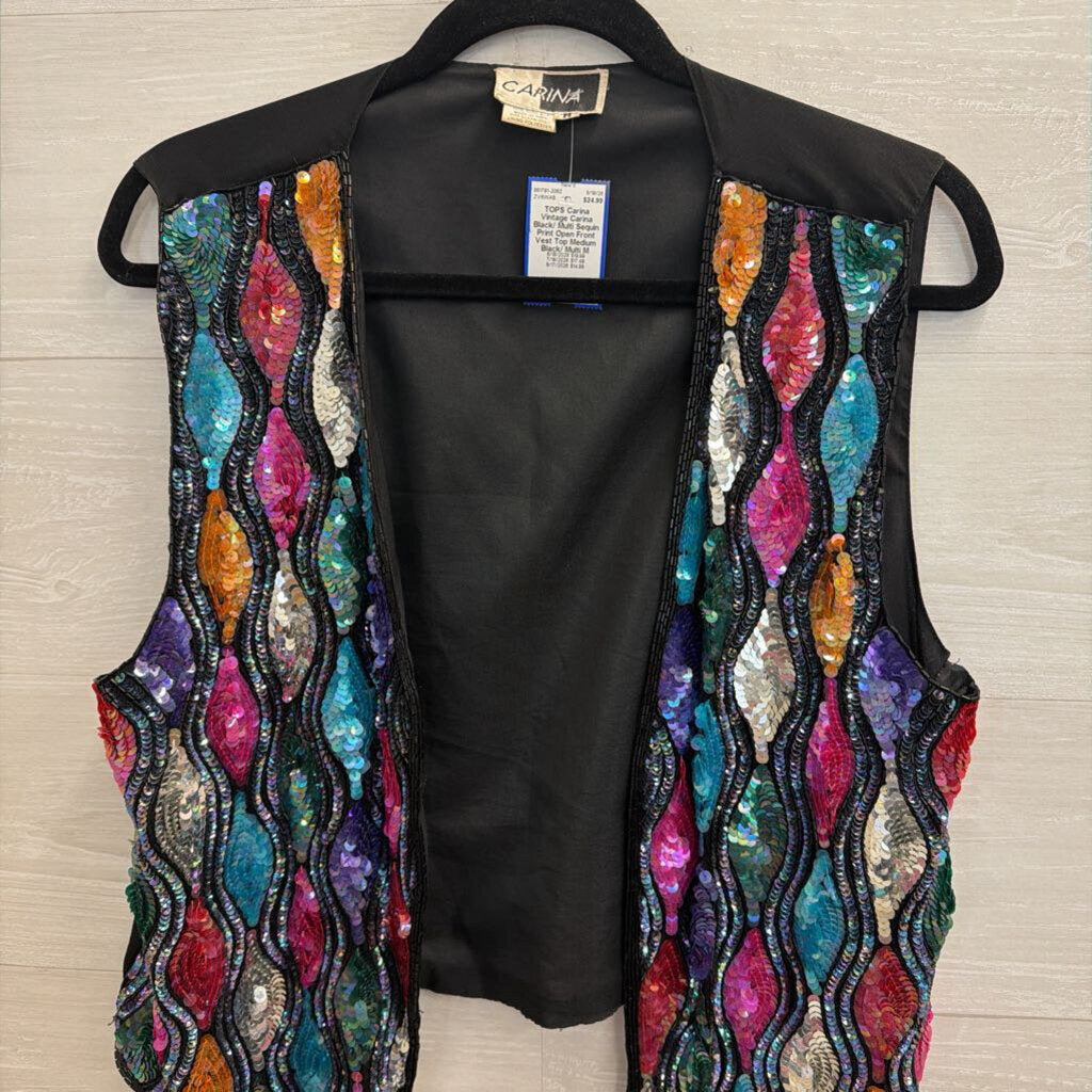 Vintage Carina Black/ Multi Sequin Print Open Front Vest Top Medium