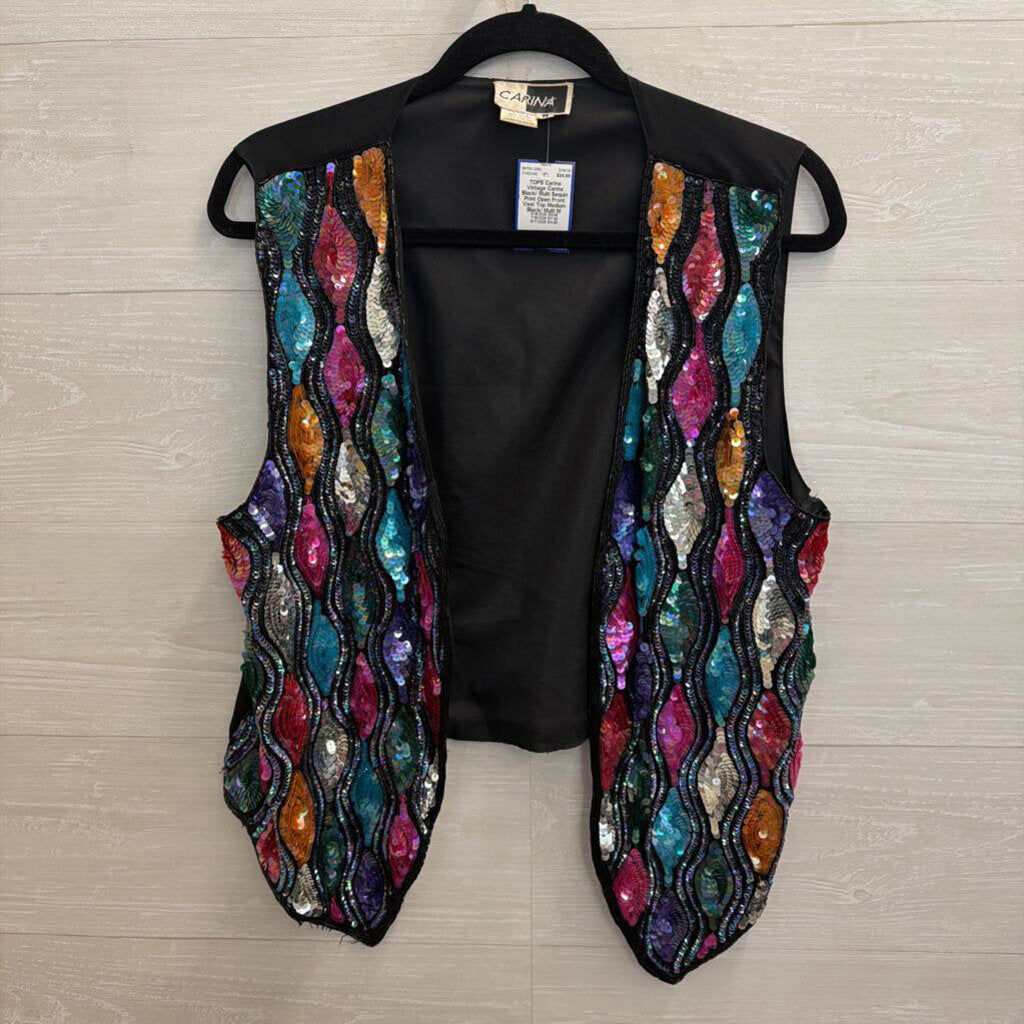 Vintage Carina Black/ Multi Sequin Print Open Front Vest Top Medium