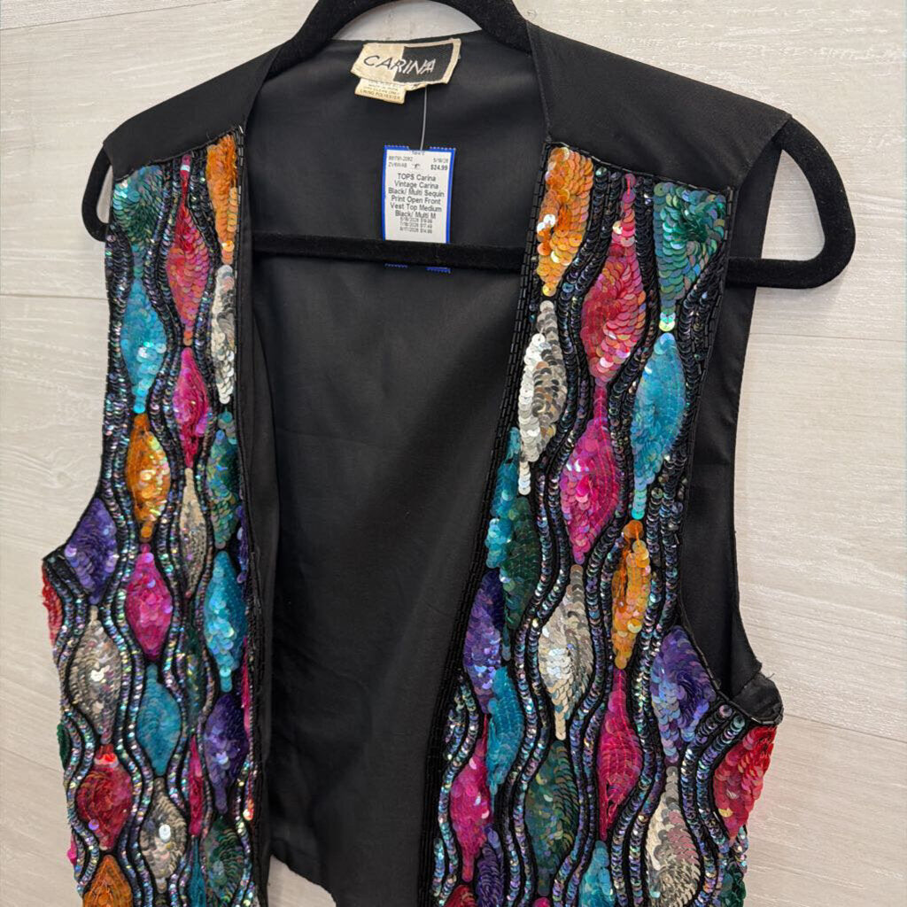 Vintage Carina Black/ Multi Sequin Print Open Front Vest Top Medium