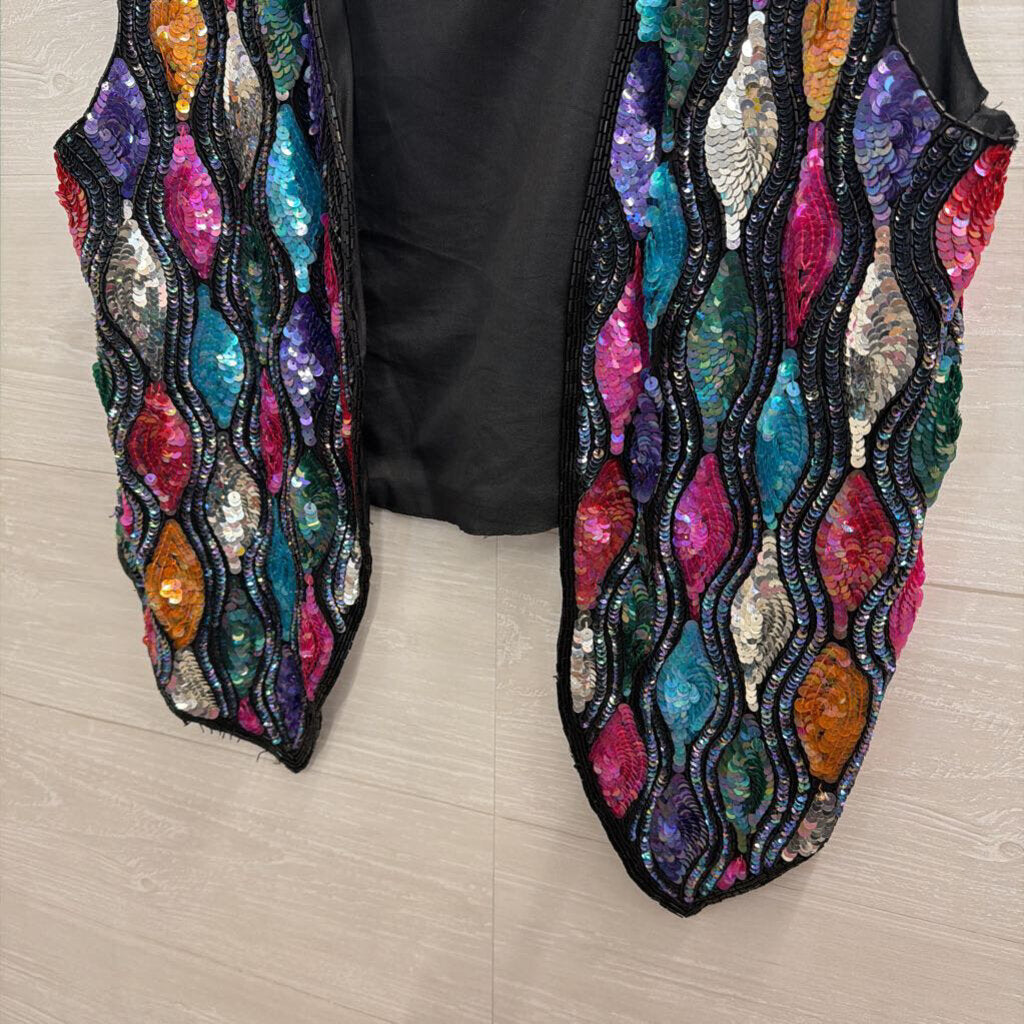 Vintage Carina Black/ Multi Sequin Print Open Front Vest Top Medium