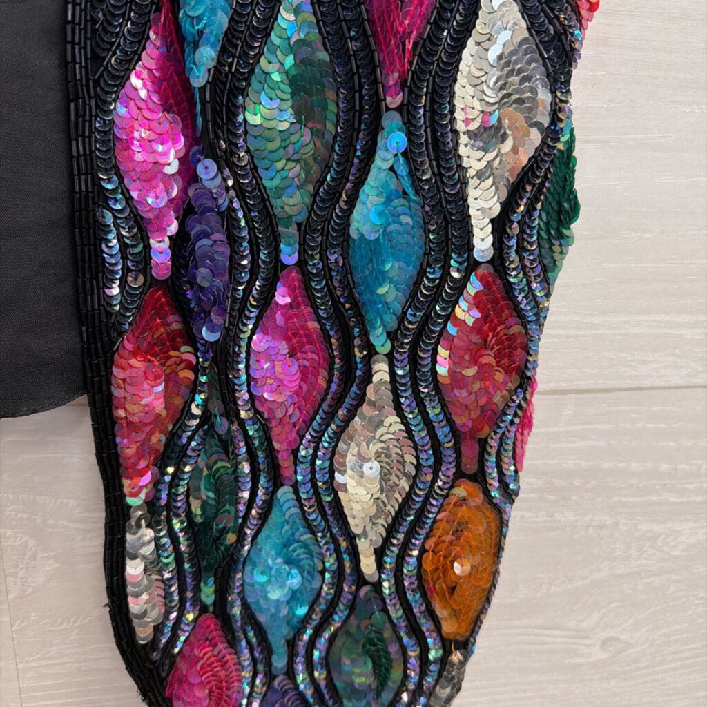 Vintage Carina Black/ Multi Sequin Print Open Front Vest Top Medium