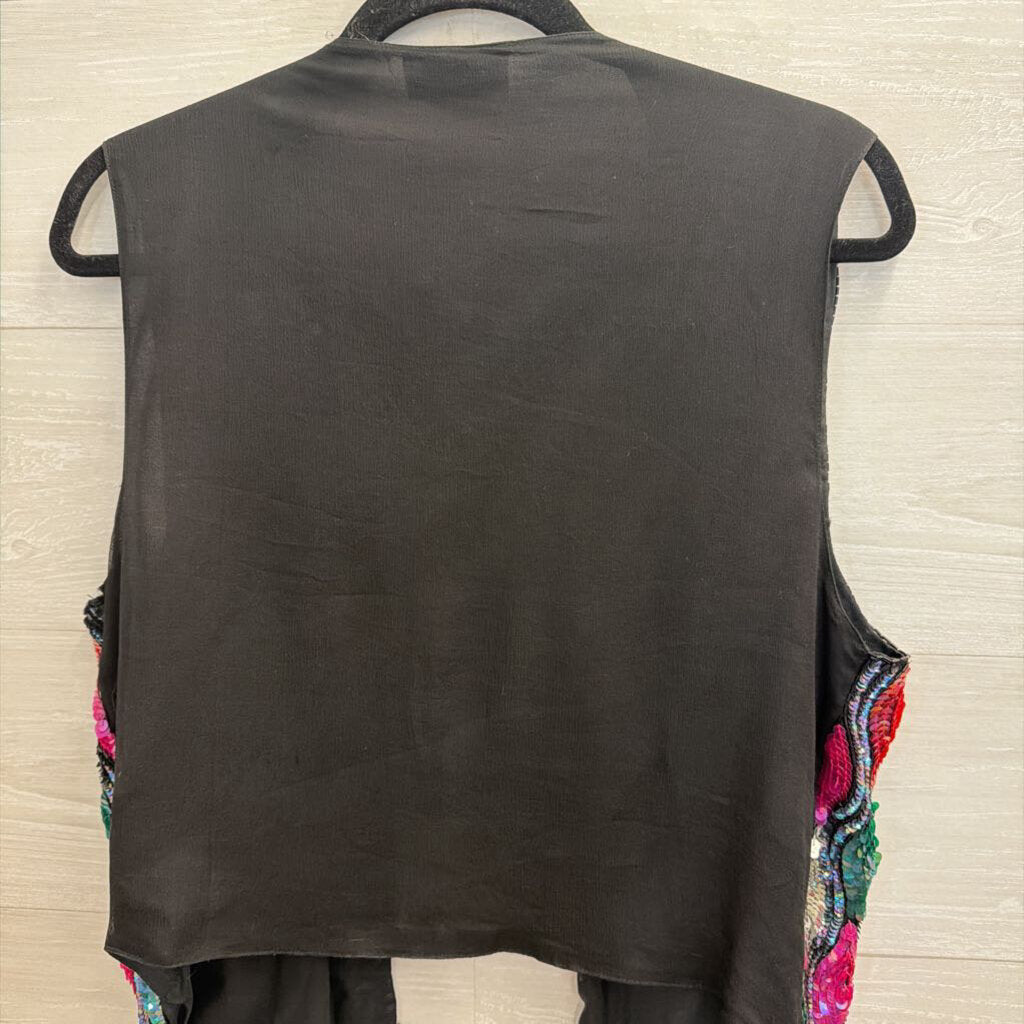Vintage Carina Black/ Multi Sequin Print Open Front Vest Top Medium