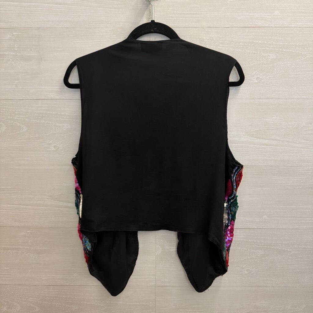 Vintage Carina Black/ Multi Sequin Print Open Front Vest Top Medium