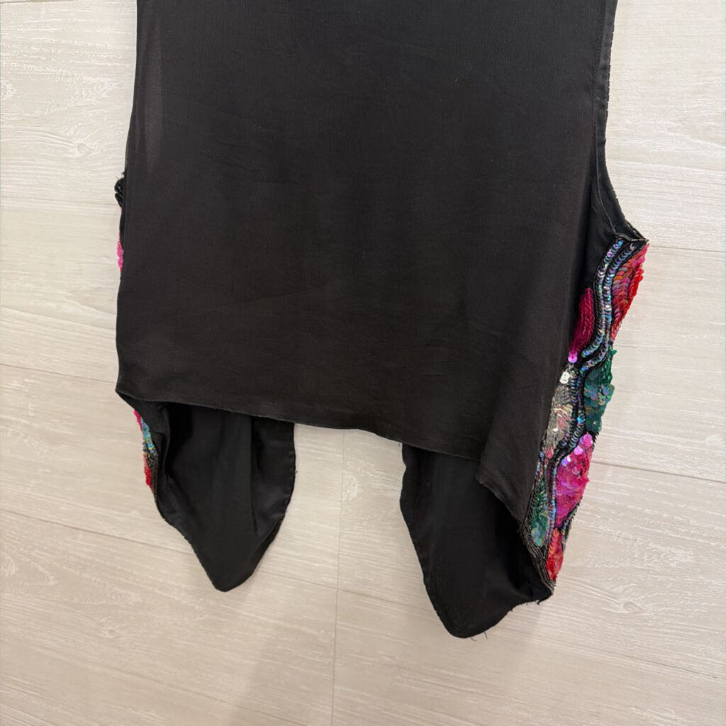 Vintage Carina Black/ Multi Sequin Print Open Front Vest Top Medium