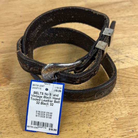 Vintage Black Hand Tooled Leather Belt 32
