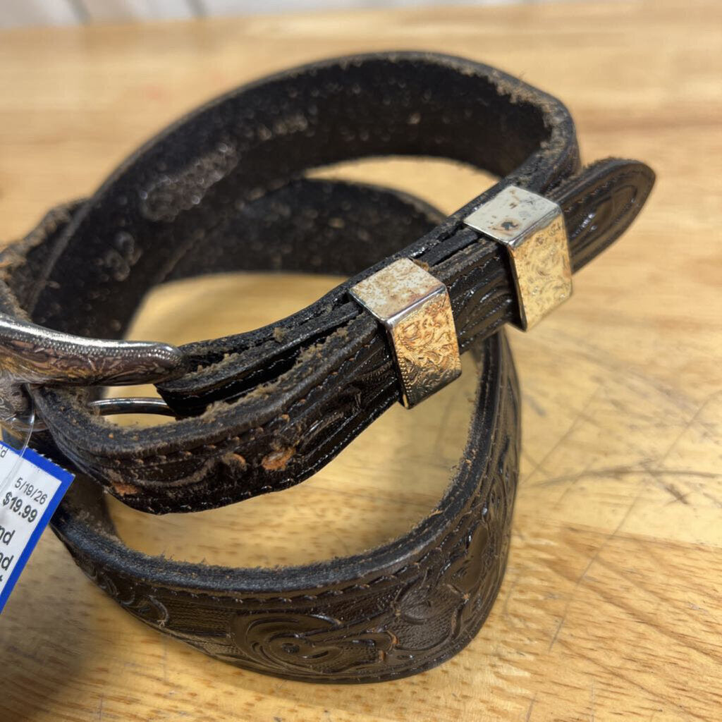 Vintage Black Hand Tooled Leather Belt 32
