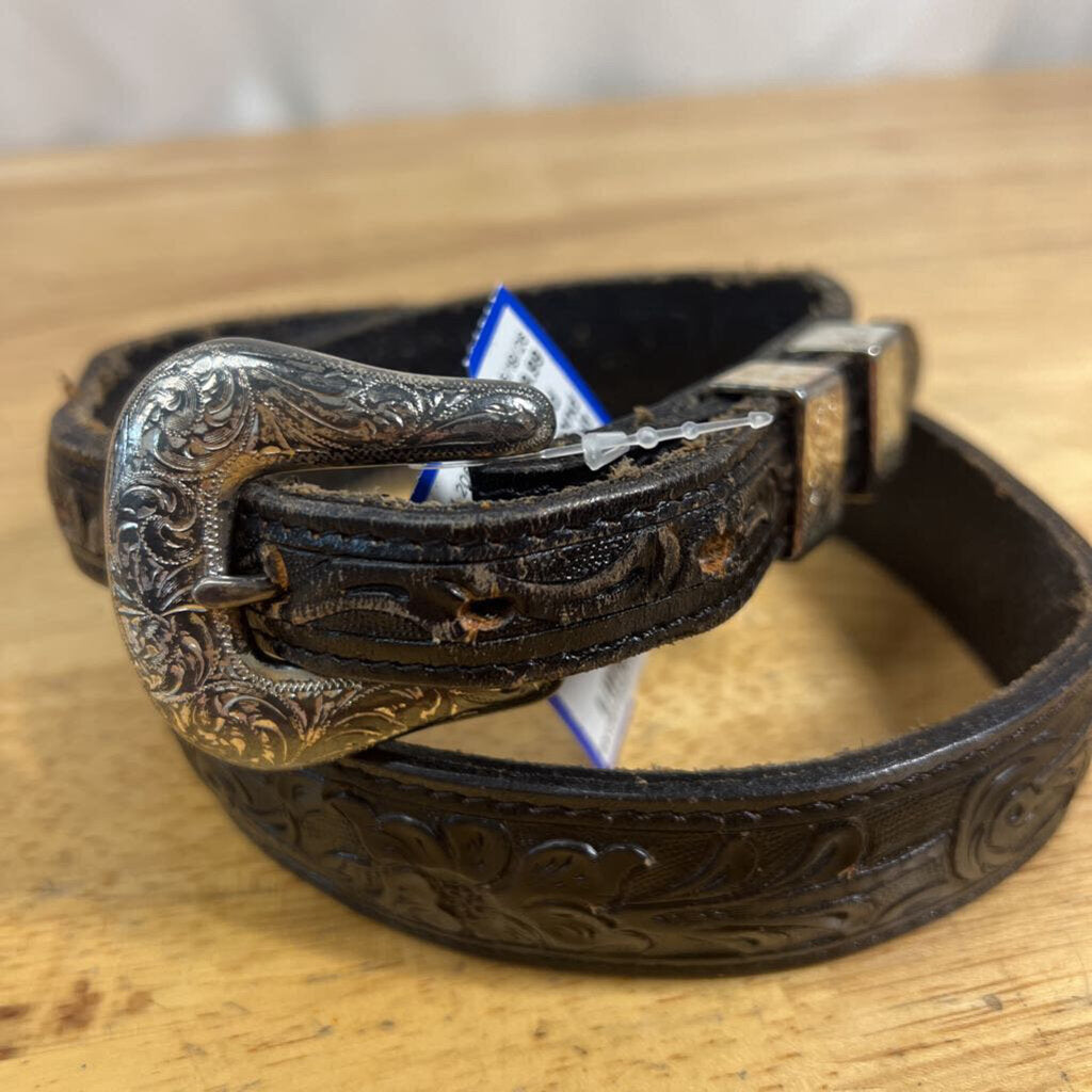 Vintage Black Hand Tooled Leather Belt 32