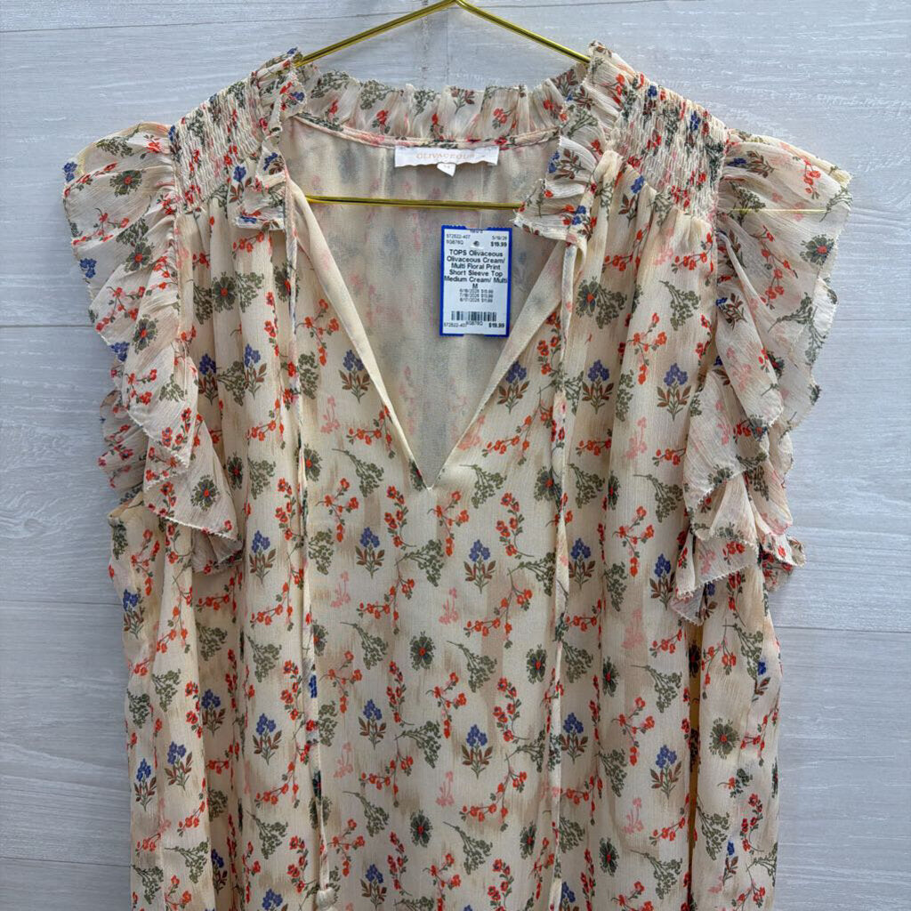 Olivaceous Cream/ Multi Floral Print Short Sleeve Top Medium