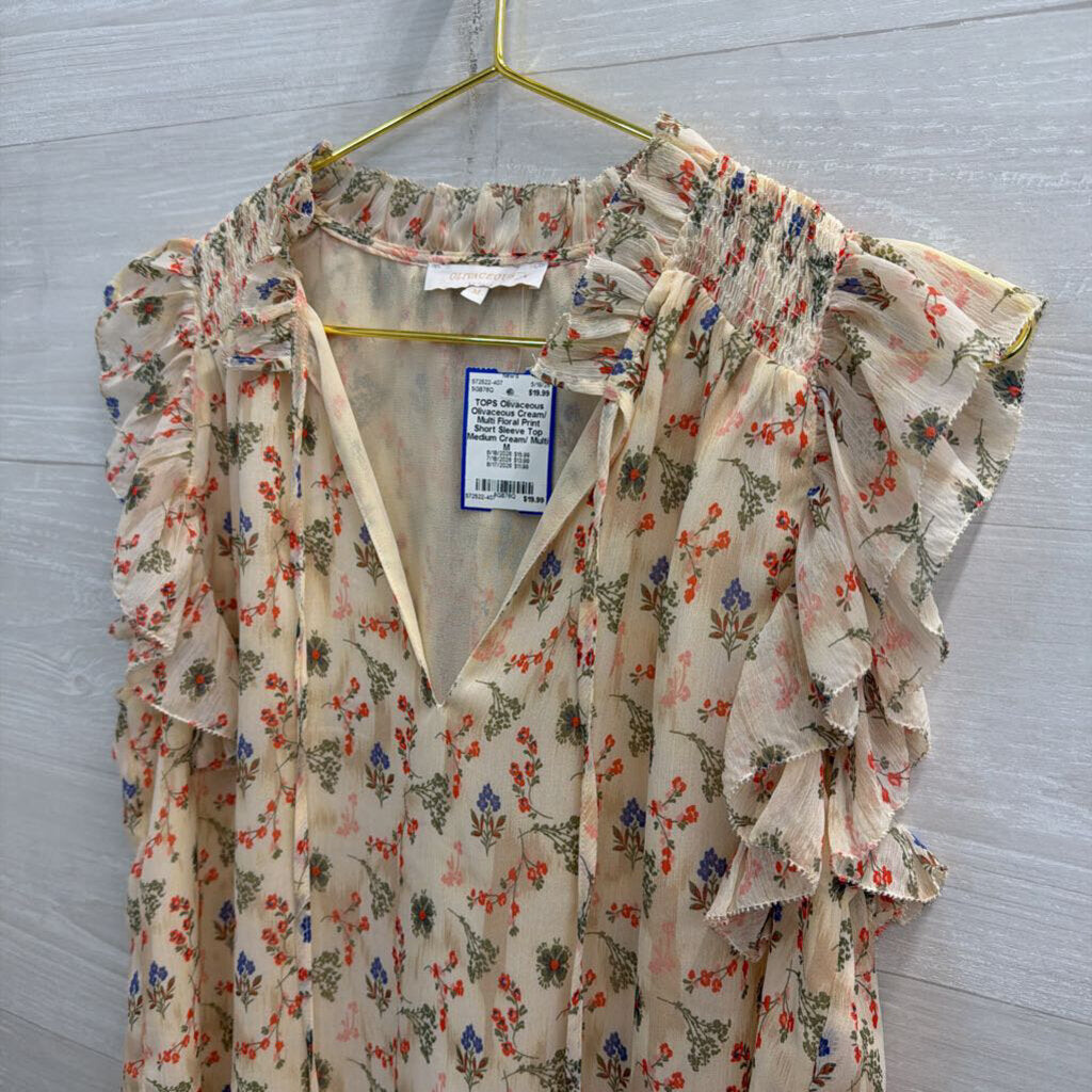 Olivaceous Cream/ Multi Floral Print Short Sleeve Top Medium