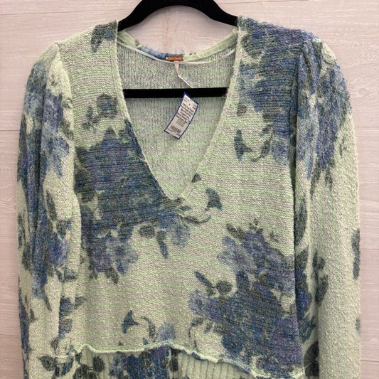 Free People Green/ Blue Floral Print Cropped Long Sleeve Sweater Top Small