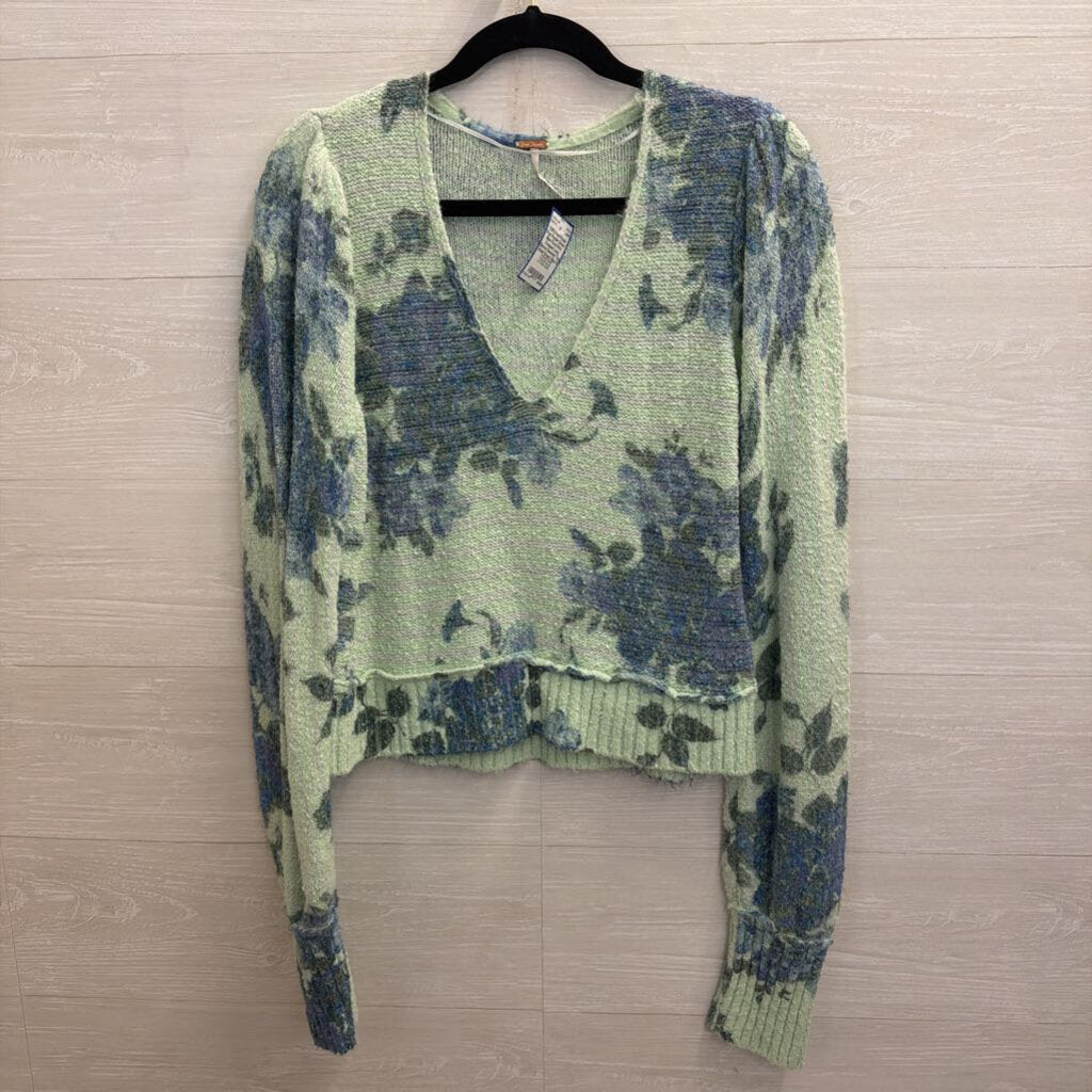 Free People Green/ Blue Floral Print Cropped Long Sleeve Sweater Top Small