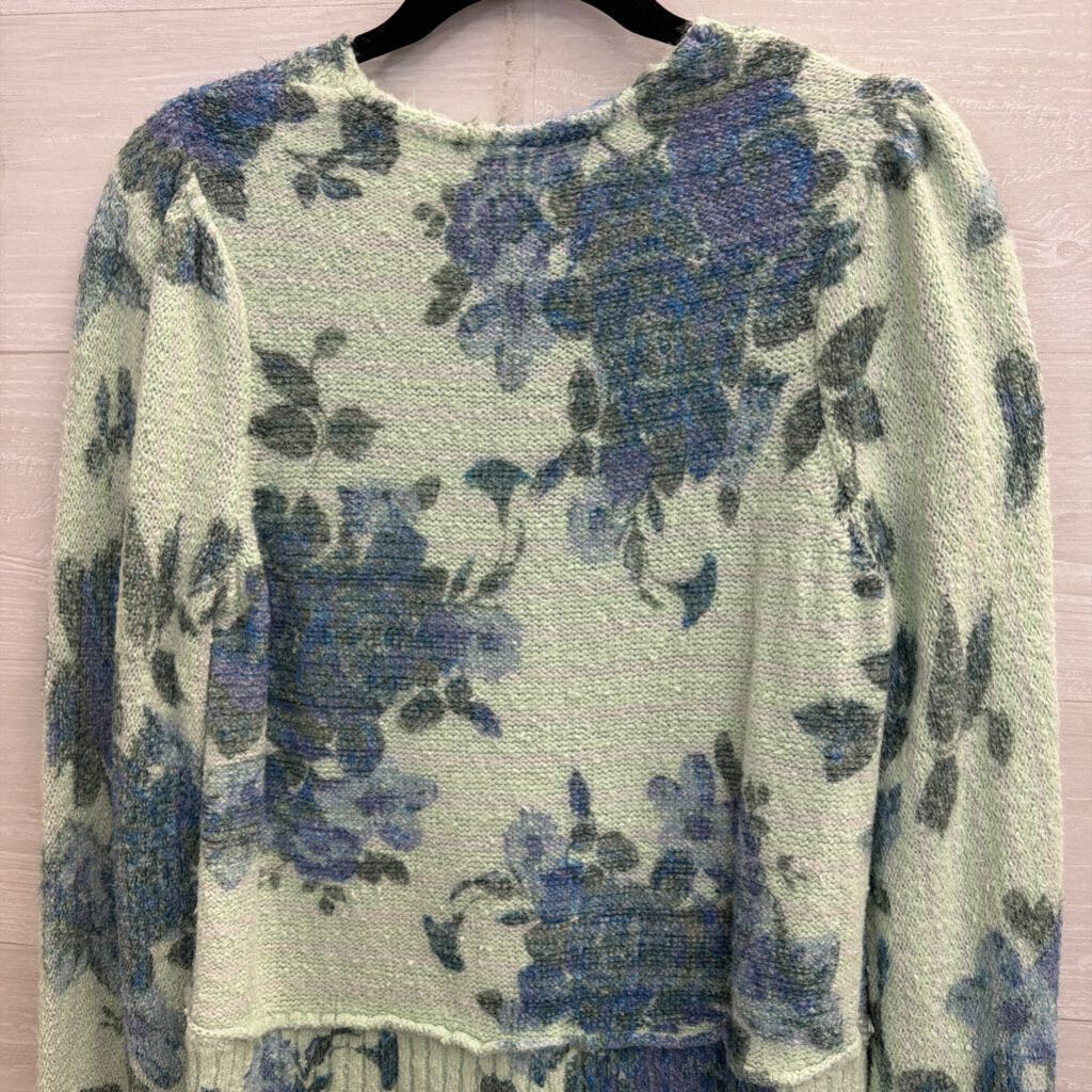 Free People Green/ Blue Floral Print Cropped Long Sleeve Sweater Top Small
