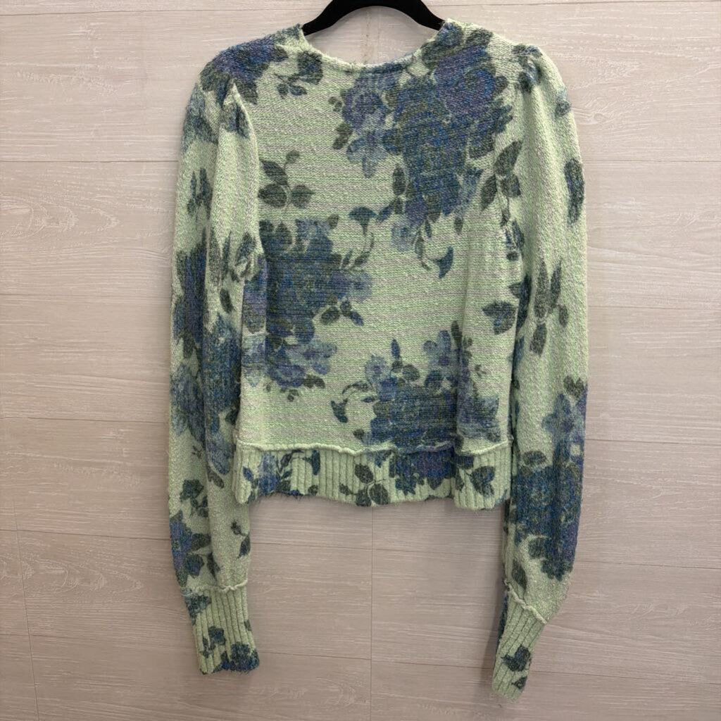Free People Green/ Blue Floral Print Cropped Long Sleeve Sweater Top Small