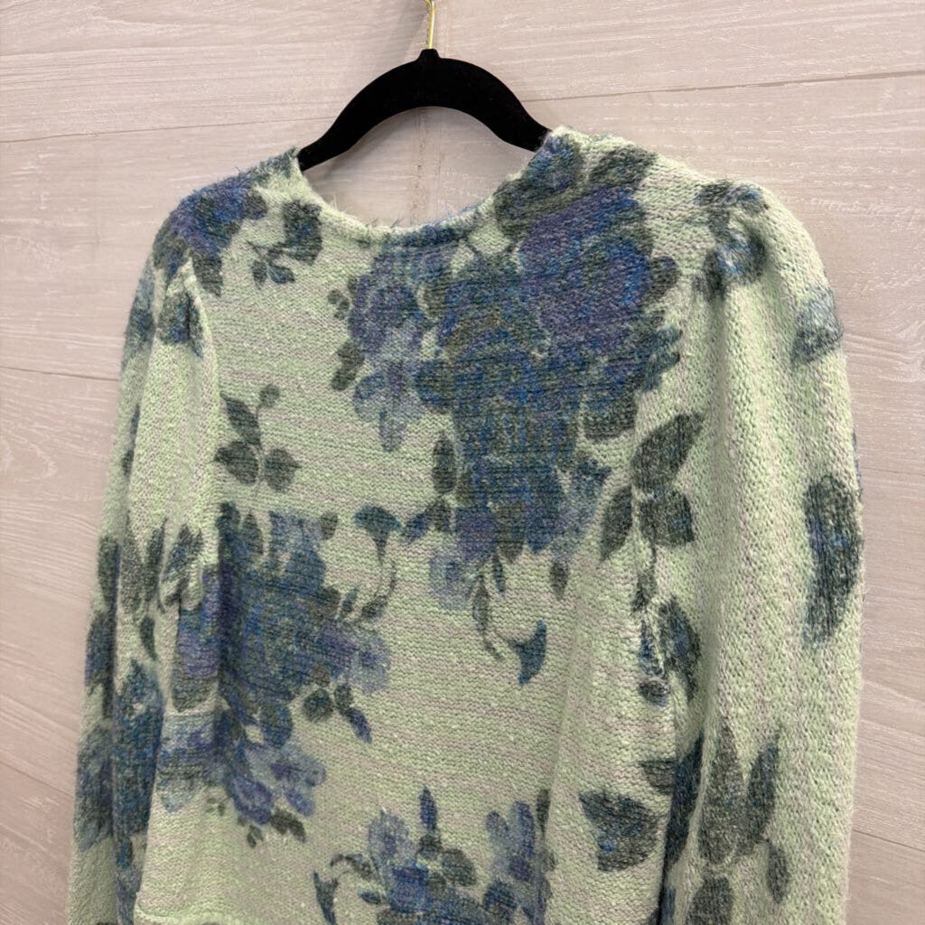 Free People Green/ Blue Floral Print Cropped Long Sleeve Sweater Top Small