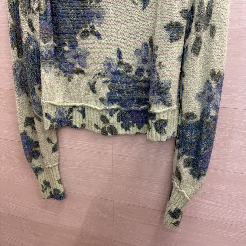 Free People Green/ Blue Floral Print Cropped Long Sleeve Sweater Top Small