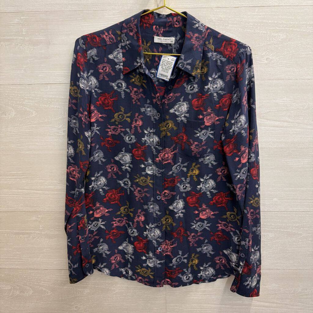 Equipment Navy/ Multi Print Long Sleeve Button Down Top Medium