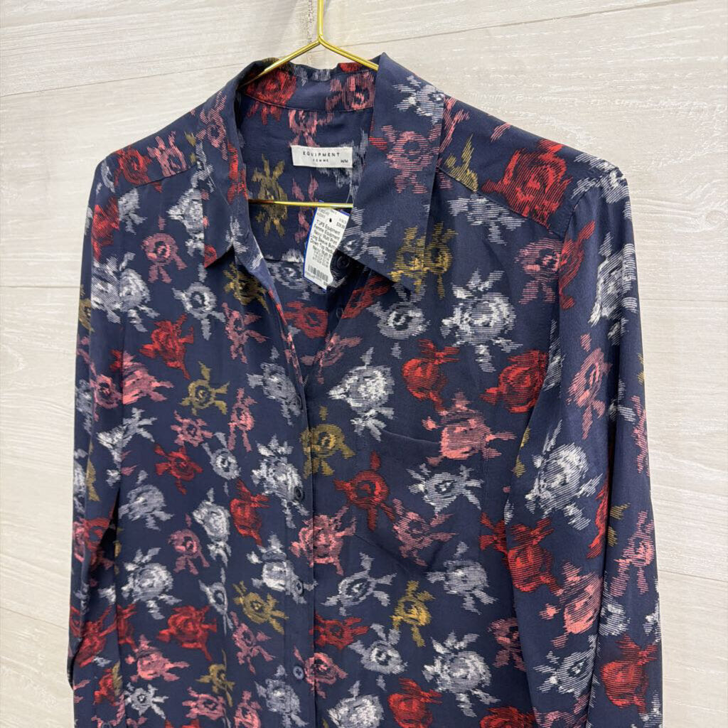 Equipment Navy/ Multi Print Long Sleeve Button Down Top Medium