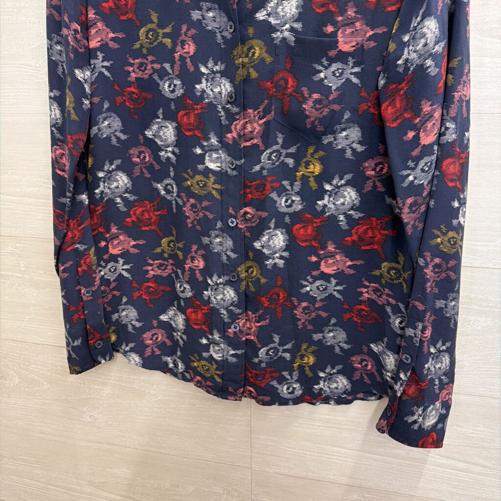 Equipment Navy/ Multi Print Long Sleeve Button Down Top Medium