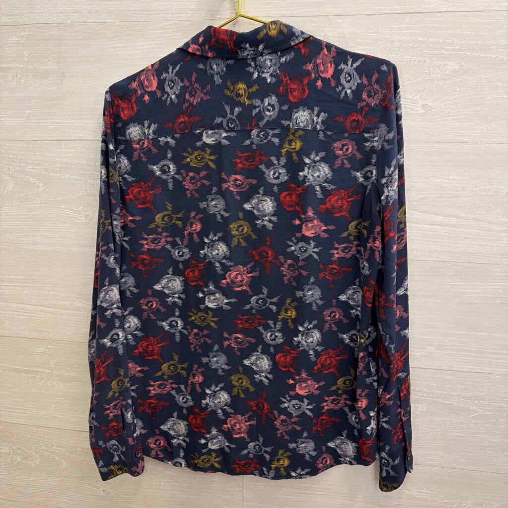 Equipment Navy/ Multi Print Long Sleeve Button Down Top Medium