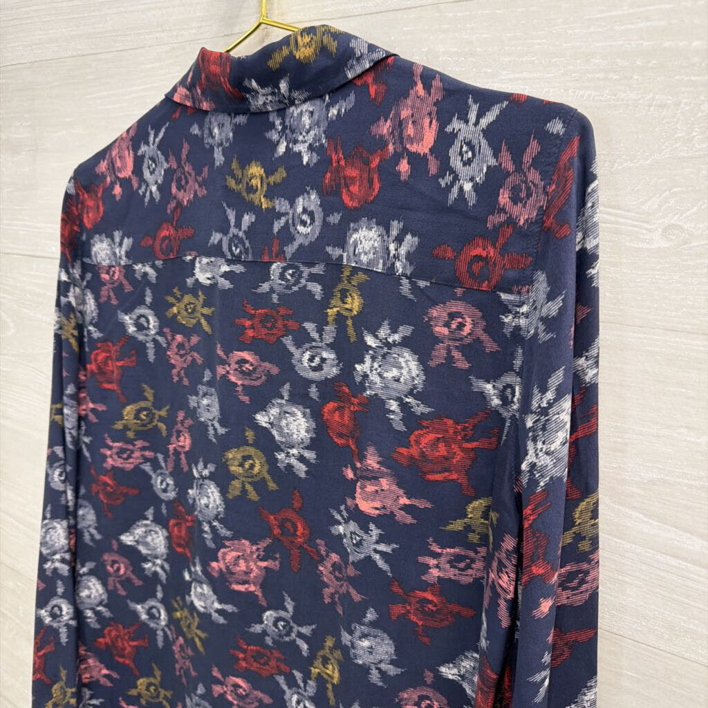 Equipment Navy/ Multi Print Long Sleeve Button Down Top Medium