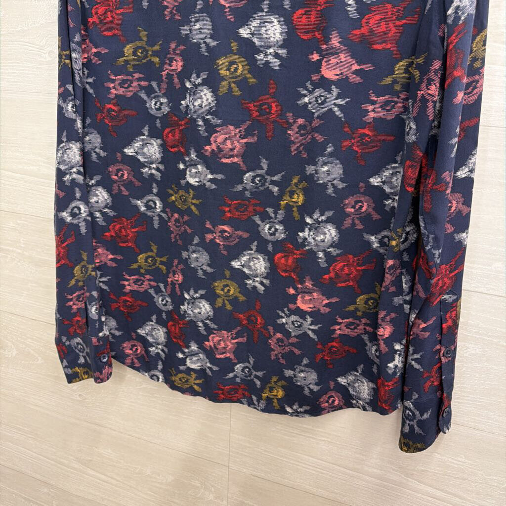 Equipment Navy/ Multi Print Long Sleeve Button Down Top Medium