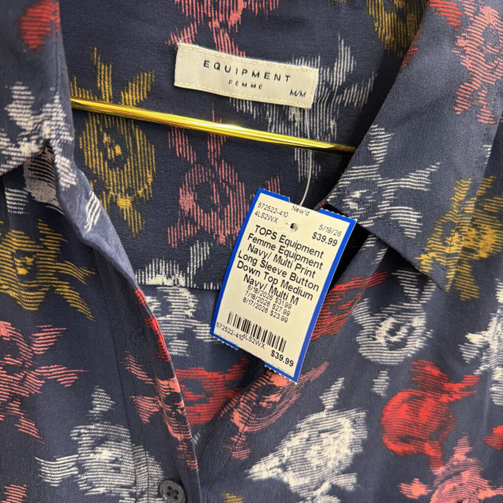 Equipment Navy/ Multi Print Long Sleeve Button Down Top Medium