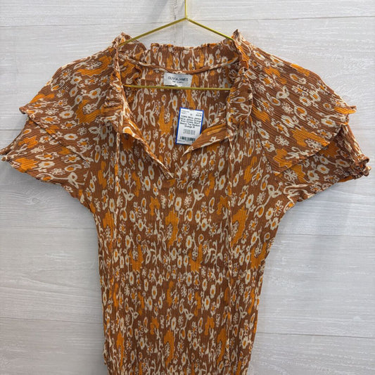 Olivia James Orange Print Crinkle Short Sleeve Top Medium