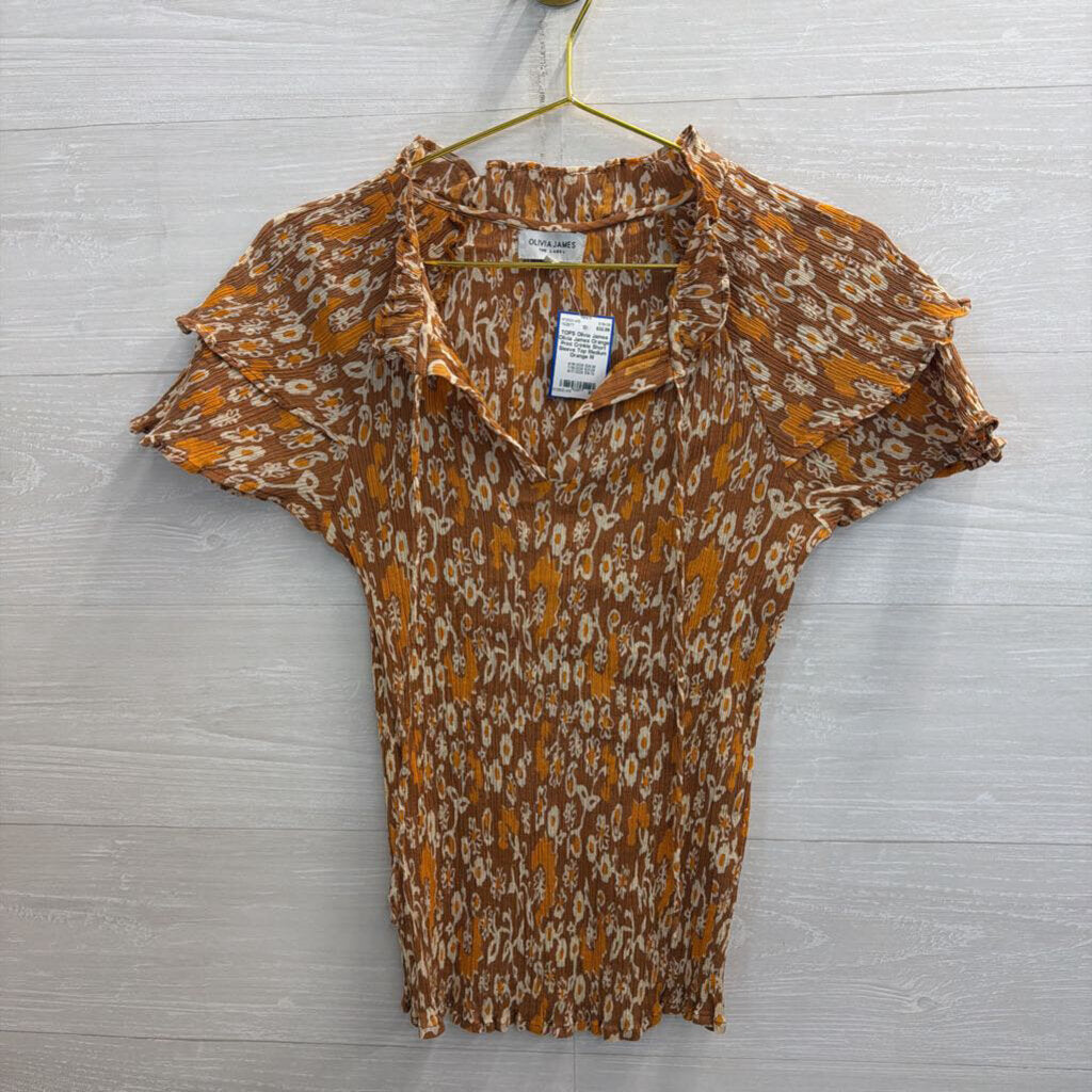 Olivia James Orange Print Crinkle Short Sleeve Top Medium