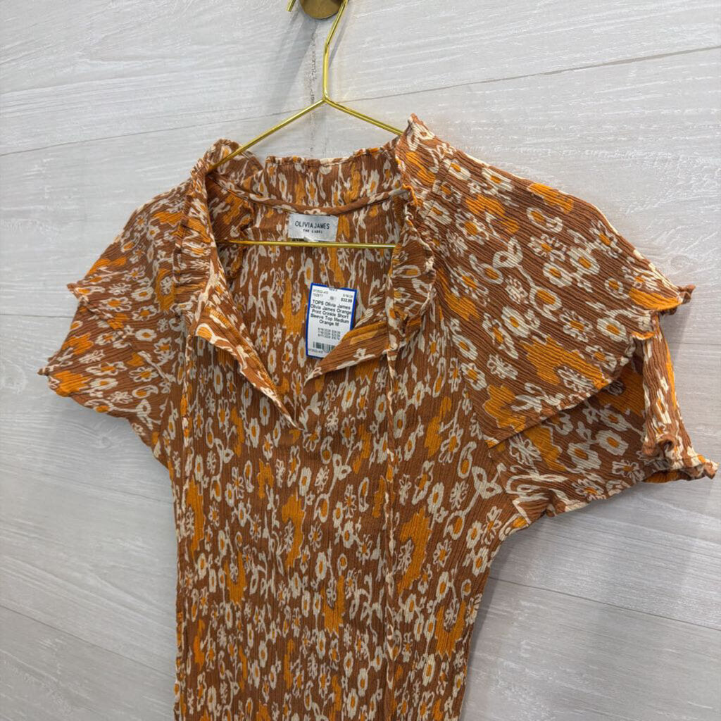 Olivia James Orange Print Crinkle Short Sleeve Top Medium