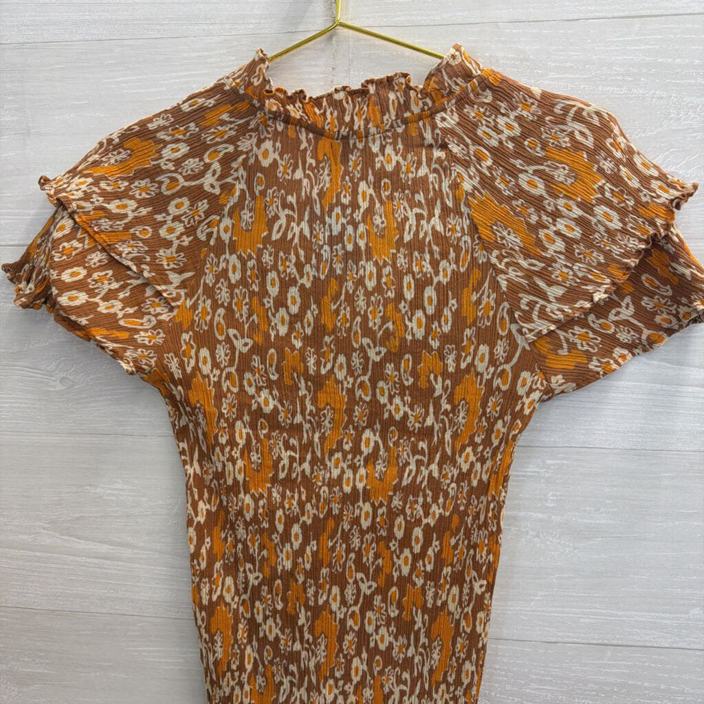 Olivia James Orange Print Crinkle Short Sleeve Top Medium
