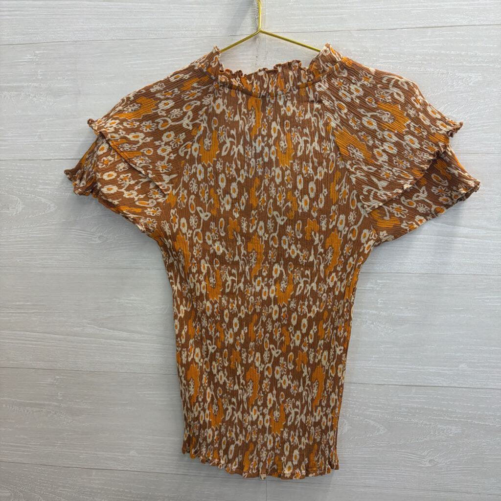 Olivia James Orange Print Crinkle Short Sleeve Top Medium