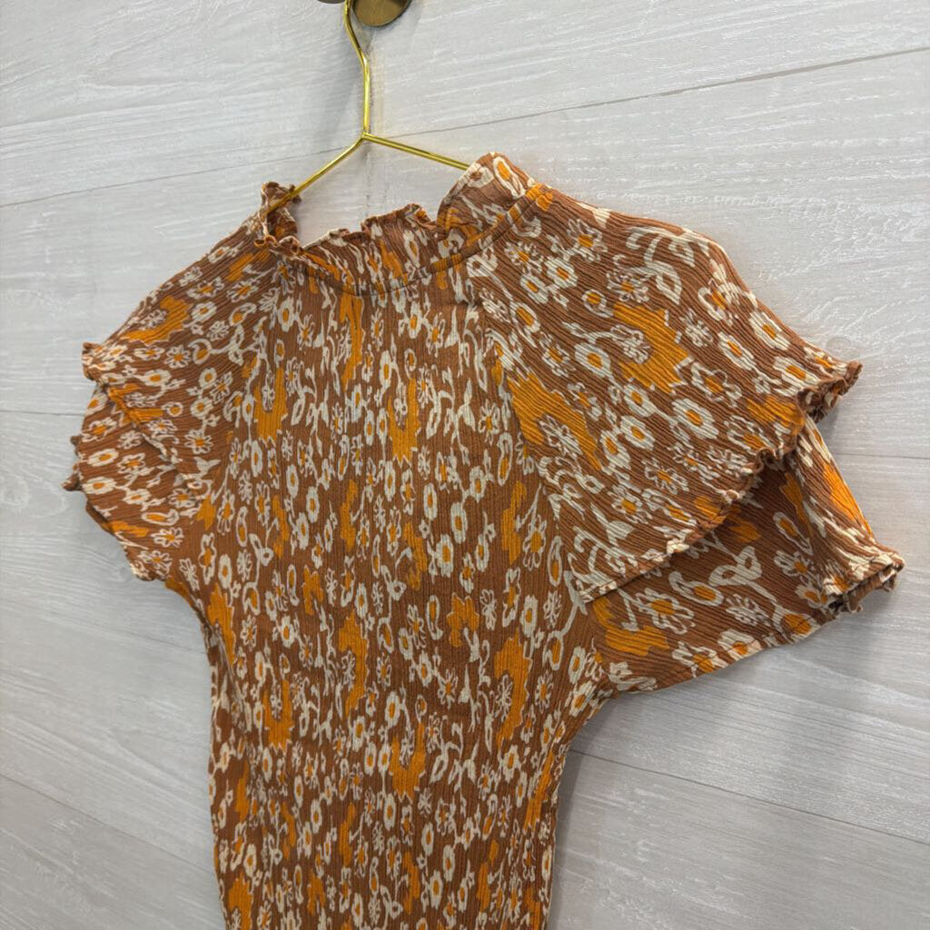 Olivia James Orange Print Crinkle Short Sleeve Top Medium