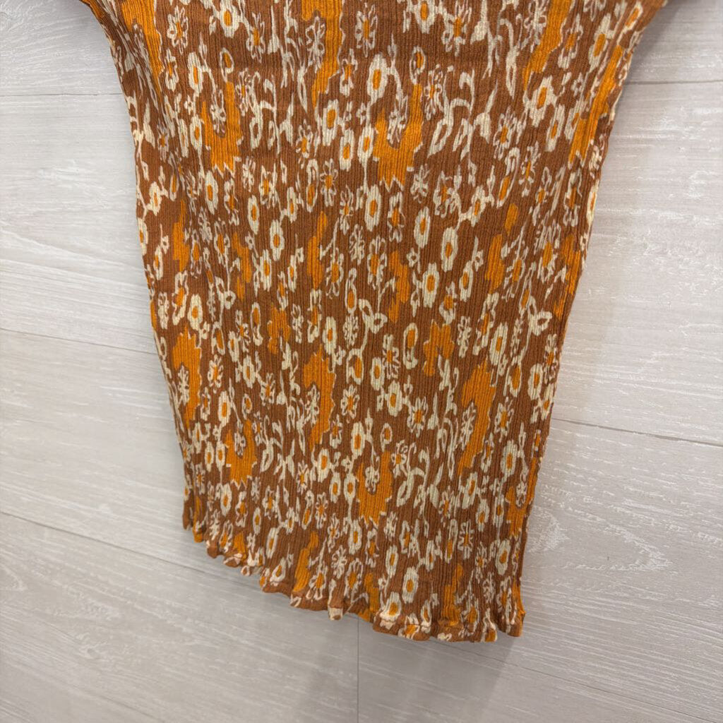 Olivia James Orange Print Crinkle Short Sleeve Top Medium